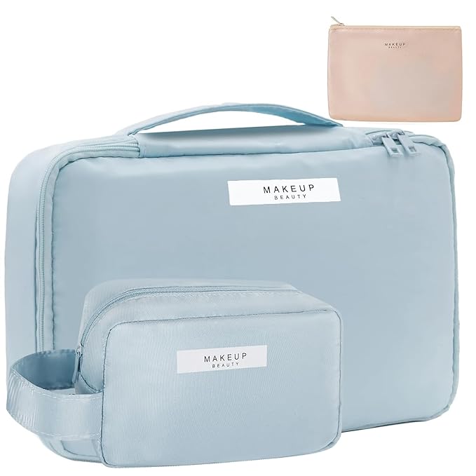 Queboom Travel Makeup Bag Cosmetic Bag Makeup Bag Toiletry bag for women and men (Blue-3pcs)