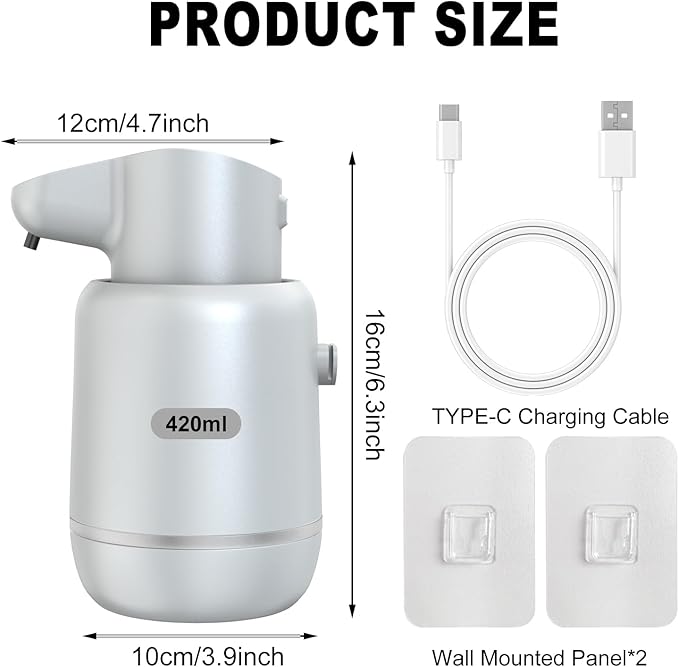 Automatic Soap Dispenser, Rechargeable & Touchless with 4 Adjustable Levels, 15oz/420ml, Waterproof, Wall Mountable for Kitchen, Bathroom, Hotel (Foam, Grey)