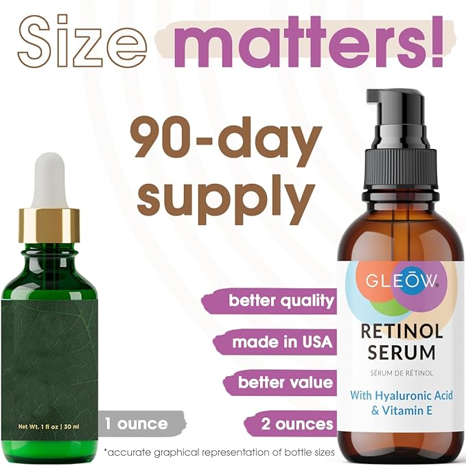 GLEOW Retinol Serum for Face with Hyaluronic Acid and Vitamin E, Gentle Retinol Face Serum Targets the Appearance of Fine Lines and Wrinkles, 2oz