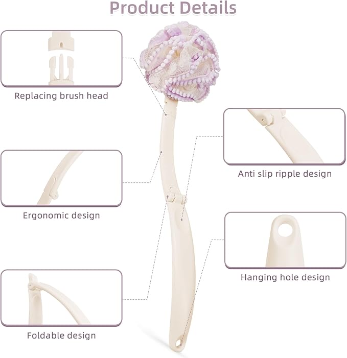 Topfinder Loofah Sponge with Handle,Back Scrubber Brush for Shower, Lotion Applicator for Back,3 in 1 Shower Kit (Purple loofah)