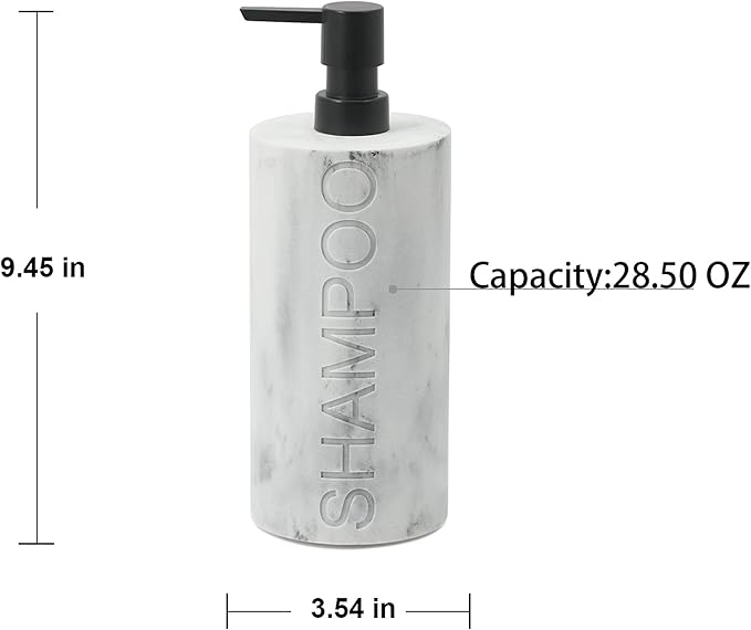 Indecor Home Resin White Marbled Shampoo Engraved Bottle Refillable Pump Dispenser, Durable Waterproof Construction for Bath, Shower - Resin White Marble - Matte Black Pump
