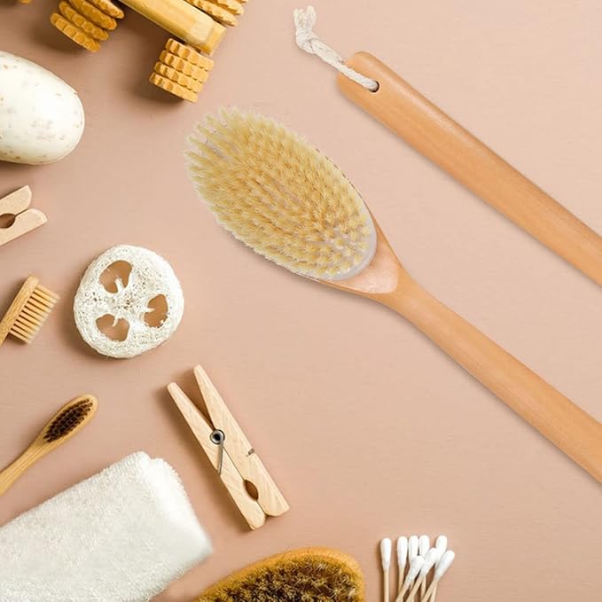 OWIIZI Bath Brushes with Soft and Natural Bristles Antiskid Wooden Long Handle Shower Body Scrubber for Wet or Dry Exfoliating,Back Scrub Deep Cleanse