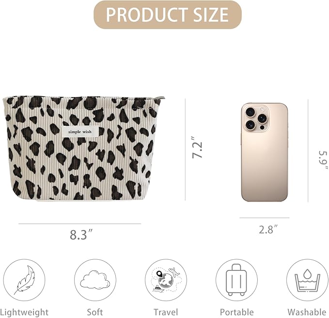 Wudygirl Makeup Bag Travel Cosmetic Bag for Women Small Makeup Pouch with Handle Zipper Cosmetic Pouch Handbag Aesthetic 8.3" x 5.9"(White Leopard)