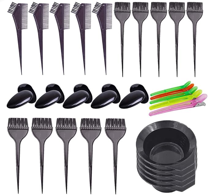 Pcxino 30Pcs 6Sets Hair Dye Color Brush,Bowl,Ear Cover,and Hair Clip Sets,Perfect Tools for DIY Salon Hair Dye Tools Hair Coloring Bleaching,Hair Tint Dying Coloring Applicator