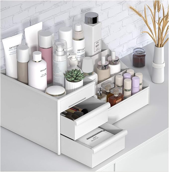 HASPINH Large Makeup Capacity Cosmetic Storage Box Skin Care Organizer Jewelry,Makeup, Brushes, Lipsticks, Nail Polish Container,Desktop Dresser Sundries Storage Box (White)