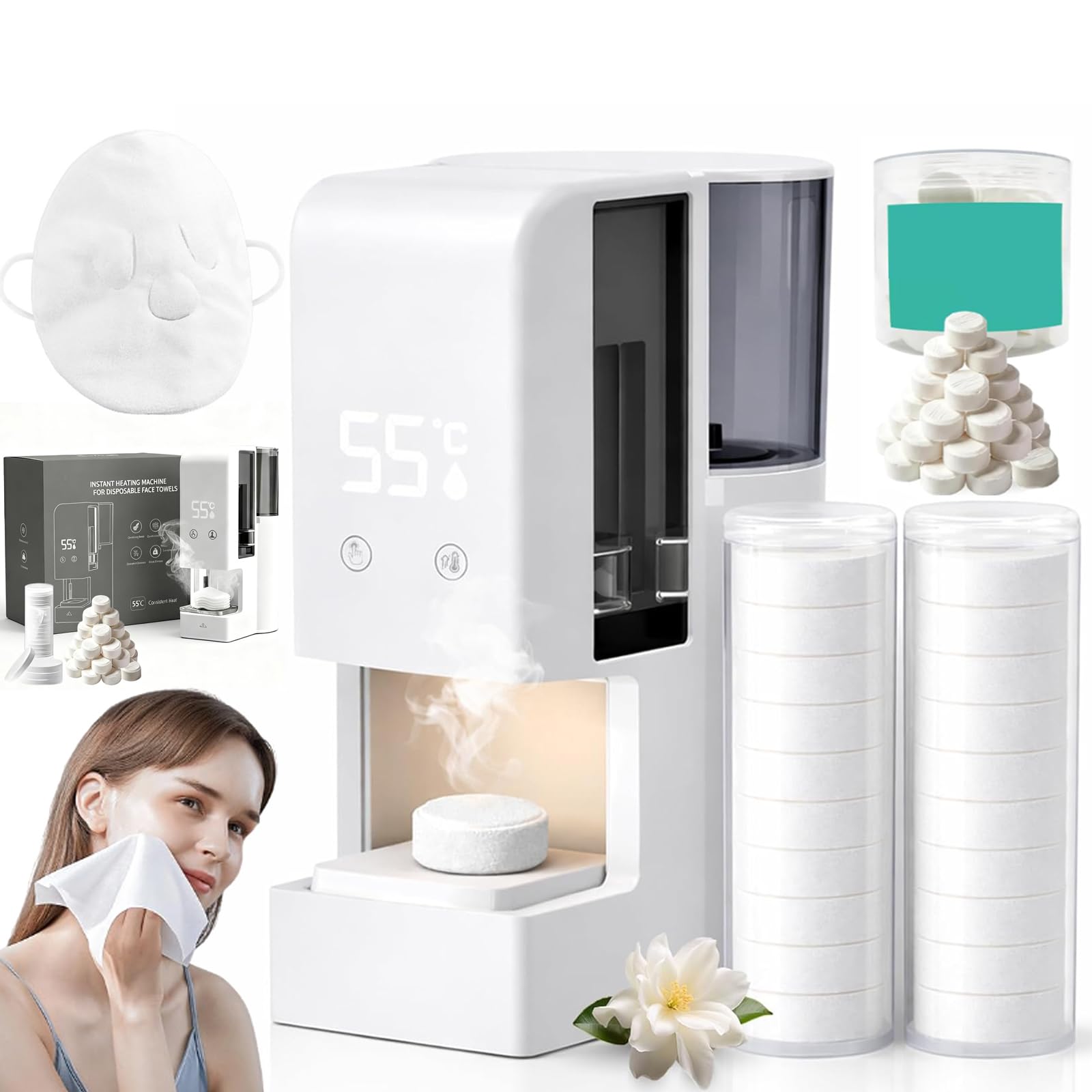Hot Towel Dispenser, 2026 Upgraded Automatic Hot Face Towel Warmer Machine, Heats Up in 5 Seconds, Home Salon Equipment, for Facials, Smart Voice Alerts with Compressed Towels (1Set+100Pcs Towels)