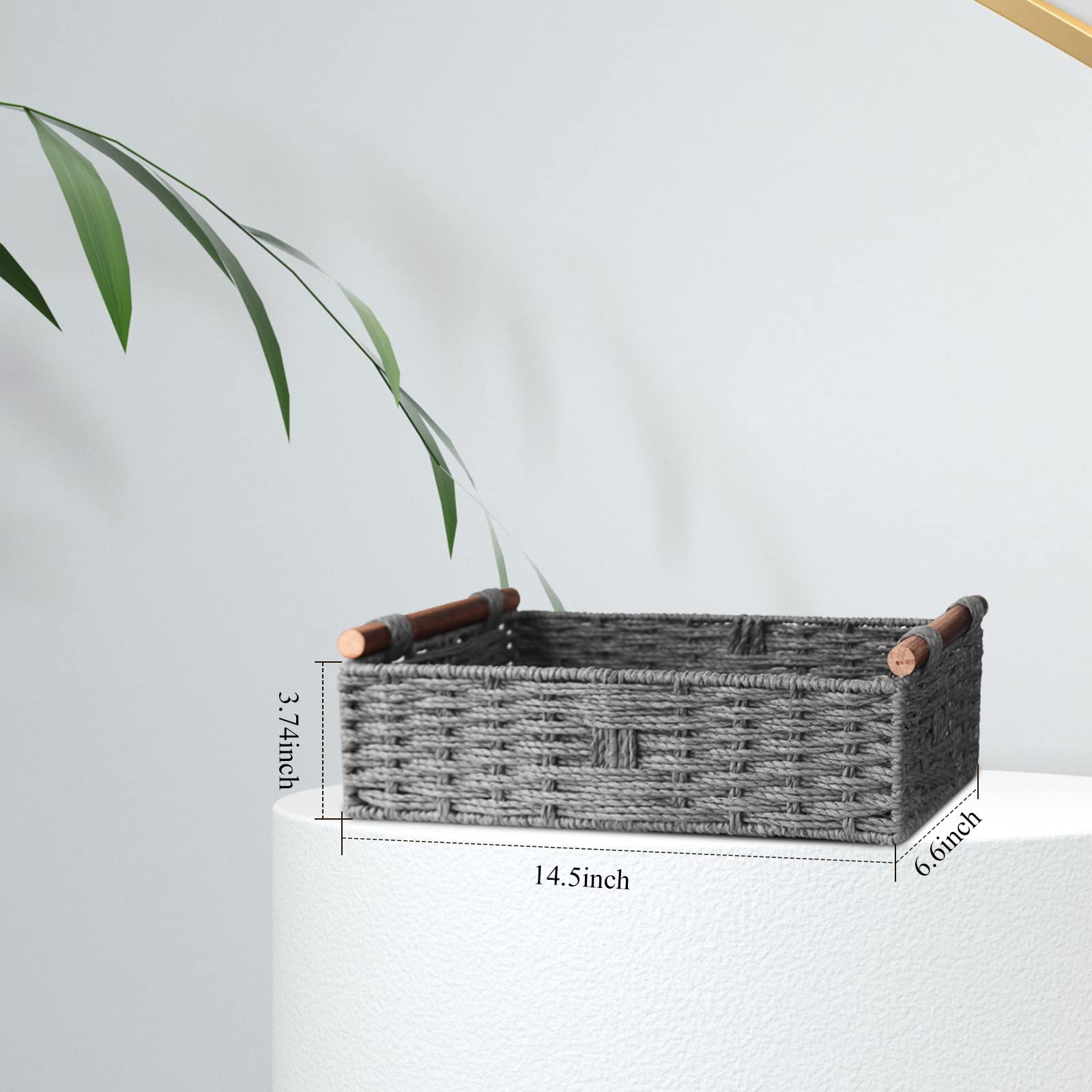 Round Paper Rope Storage Basket Wicker Baskets for Organizing with Handle Decorative Storage Bins for Countertop Toilet Paper Basket for Toilet Tank Top Small Baskets Set,Grey