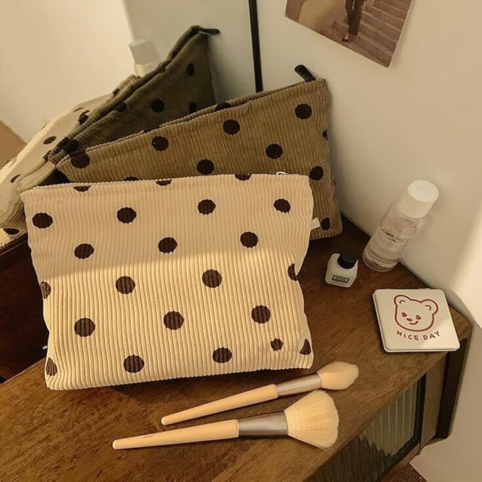 SxoSyo Corduroy Makeup Bags, Polka Dot Cosmetic Bag for Purse, White