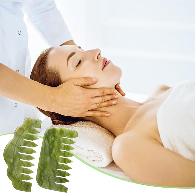 Geiserailie 2 Pcs Jade Combs Esthetician Supplies Massage Stone Hair Gua Sha Scraping Scalp Comb Facial Massage Tool Handheld Head Tools Head Caring Therapy Mother's Day for Women(Stylish Style)