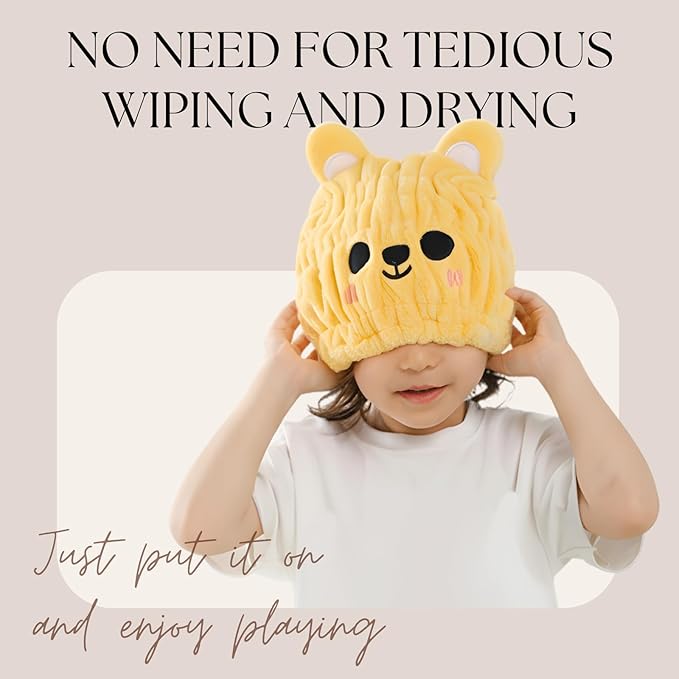 LCBD Microfiber Hair Towel Wrap for Kids, Yellow Bear Dry Hair Cap Suck Water, Absorbent Quick Girls Boys Hair Drying Towel, Lightweight Bouncy Hat Headscarf