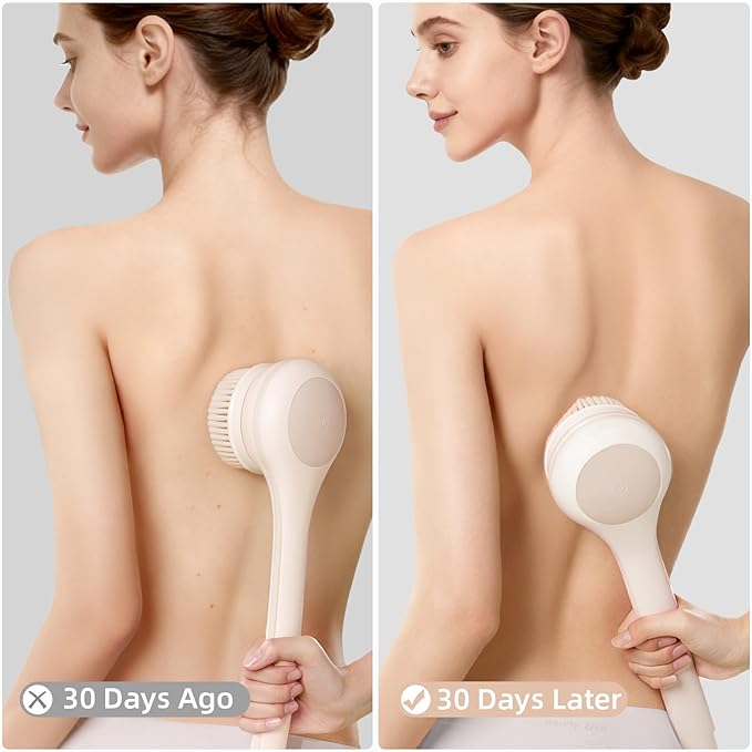 Oh,XIYU. Electric Body Brush Back Scrubber for Shower, Waterproof Long Dual Handle Body Scrubber with 3 Heads, Bath Brush & 2 Speeds, for Cleansing, Exfoliating and Massaging Skin, Chrysanth Pink
