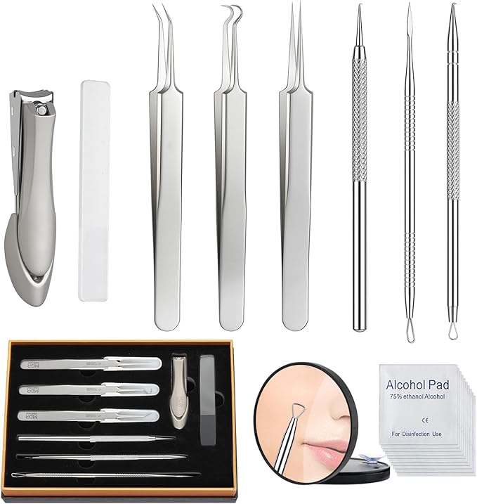 8PCS Professional Salon Grade Blackhead Remover Tool Kit, Comedone Extractor Set for Facial Acne Pimple Blemish Whitehead, Comes with 10X Magnifying Mirror & 20 Alcohol Prep Pads