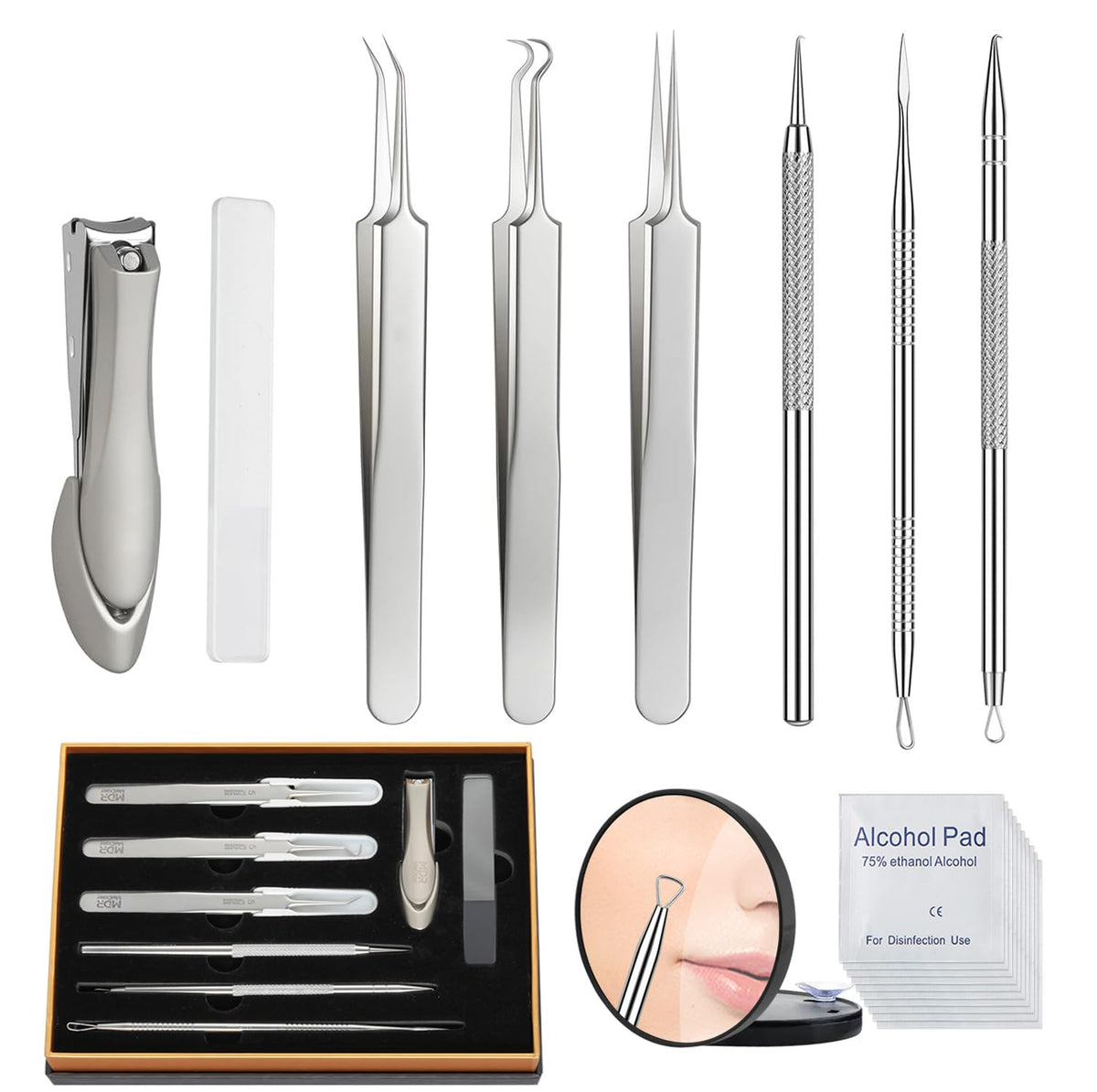 Meidaier 7Pcs Blackhead Remover Kit, Stainless Steel Acne Comedone Extractor with 10X Magnifying Glass & 20 75% Alcohol Pads, Pimple Whitehead Blemish Removal, Anti-Slip Handle & Storage Box