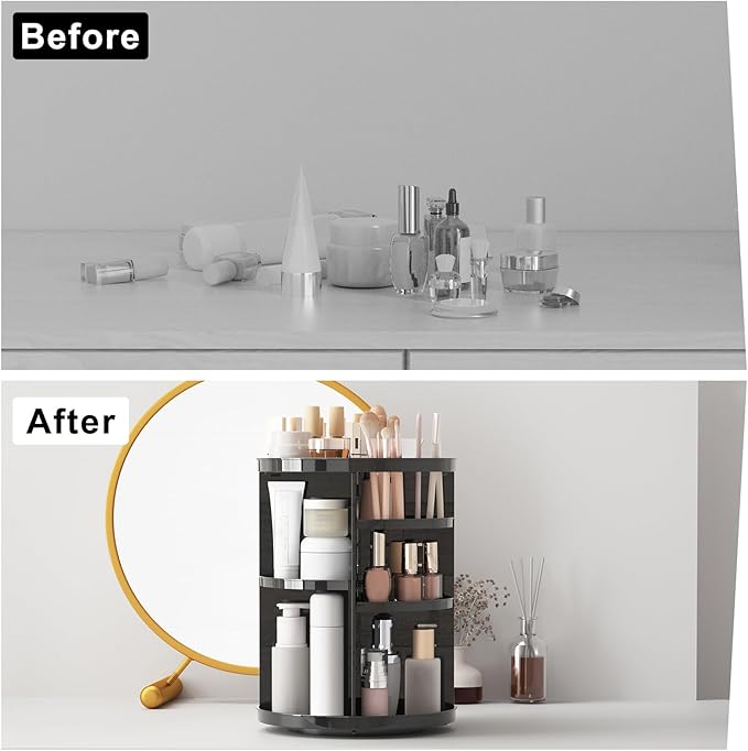 Rotating Makeup Organizer, DIY 8 Adjustable Layers Spinning Skincare Storage, Cosmetic Display Case with Brush Holder and Perfume Tray, Multi-Function Vanity Bathroom Countertop Organizer Black