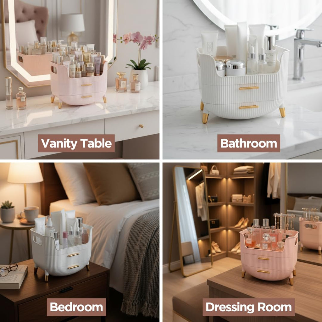 HALAFE Makeup Organizer with Drawers, Skincare Storage Box for Vanity, Multiple Compartments, Portable Cosmetic Display Case with Handle, Large Make up Organizers for Dresser, Bathroom, Bedroom, White