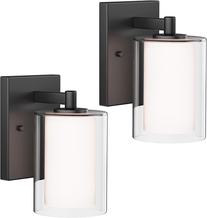 Wall Sconces Set of Two: Bathroom Sconce of 2, Black Vanity Fixtures with Double Clear Glass Shade, E26 Base Hardwired Farmhouse Wall lights for Bedroom Living Room Bathroom (Bulb not included)