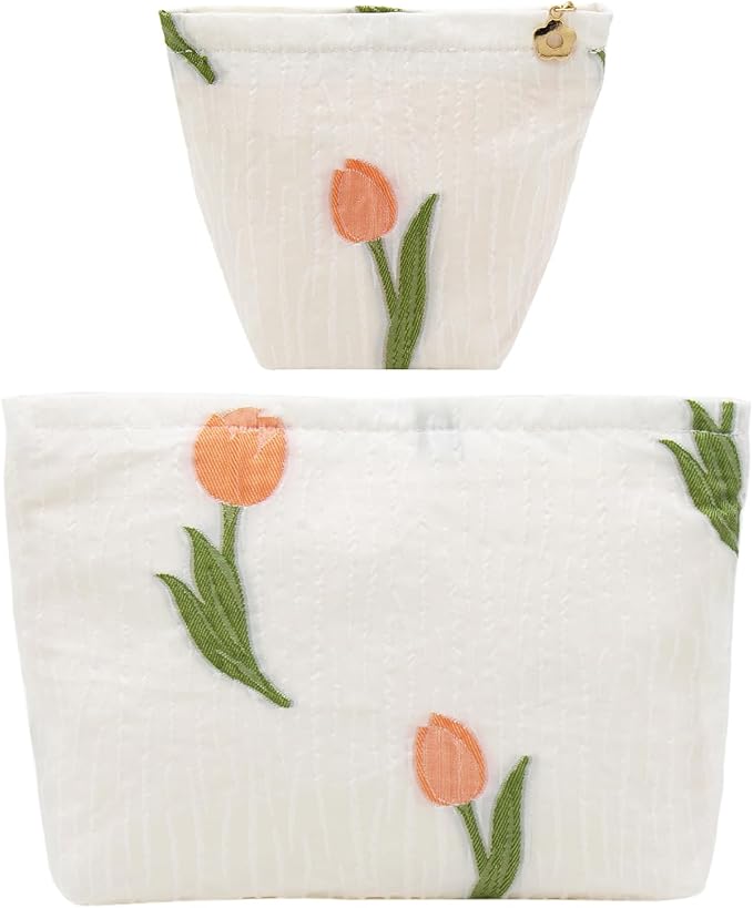 getgto 2 Pcs Makeup Bags, Large Cosmetic Bag Travel Toiletry Bag Organizer for Women, Embroidery Craft, Floral Makeup Bag Small Cosmetic Pouch Purse with Zipper Gifts for Girls Teen
