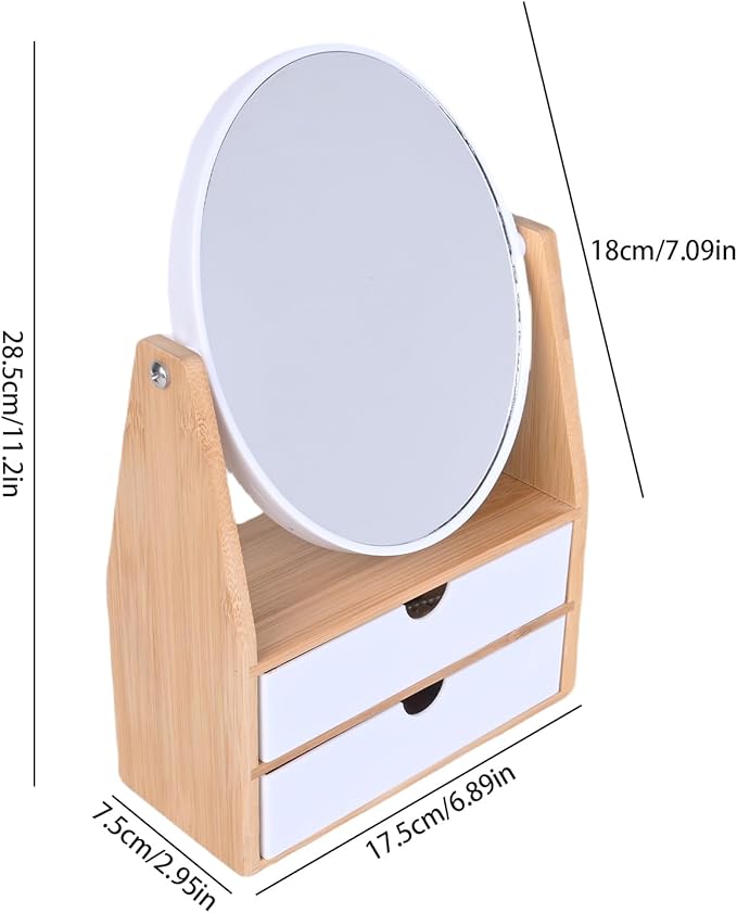 PYSYY 1x / 5X Magnifying Makeup Mirror, Jewelry and Cosmetics Storage Box with Double Drawers, Adjustable Natural Bamboo Stand, 360° rotatable Vertical Desktop Mirror (1, Oval)