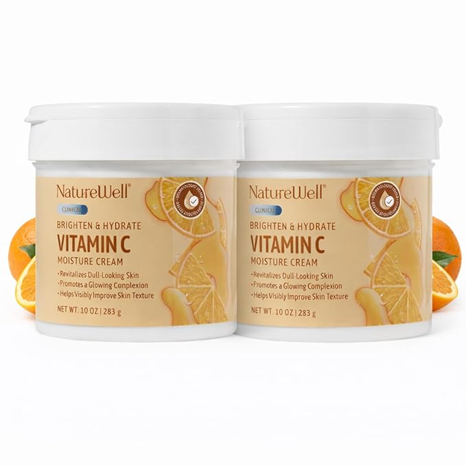 NATURE WELL Vitamin C Brightening Moisturizer Cream, Face & Body Lotion with Coconut Oil, Helps Improve Uneven Skin Tone & Dark Spots, Anti-Aging Lotion for Smooth Radiant Skin, 2 Pack (10 Oz Each)