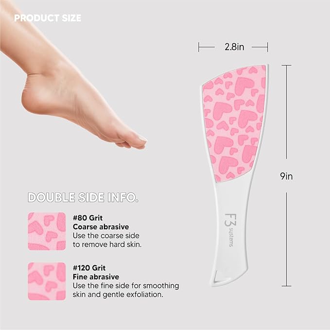 F3 Systems S-Line Emery Foot File(Pink Heart), Colossal Double-Sided Pedicure Tool, Effective for Cracked Heel, Ergonomic Design for Easy Grip