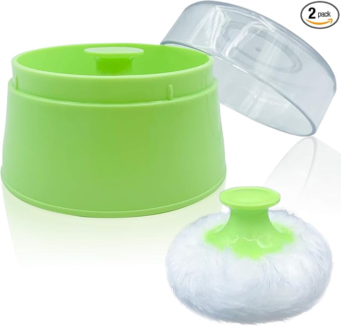 BPA Free Baby Powder Puff Box, Large 2.8" Fluffy Body After-Bath Powder Case, Baby Care Face/Body Villus Powder Puff Container, Makeup Cosmetic Talcum Powder Container with Hand Holder (Green)