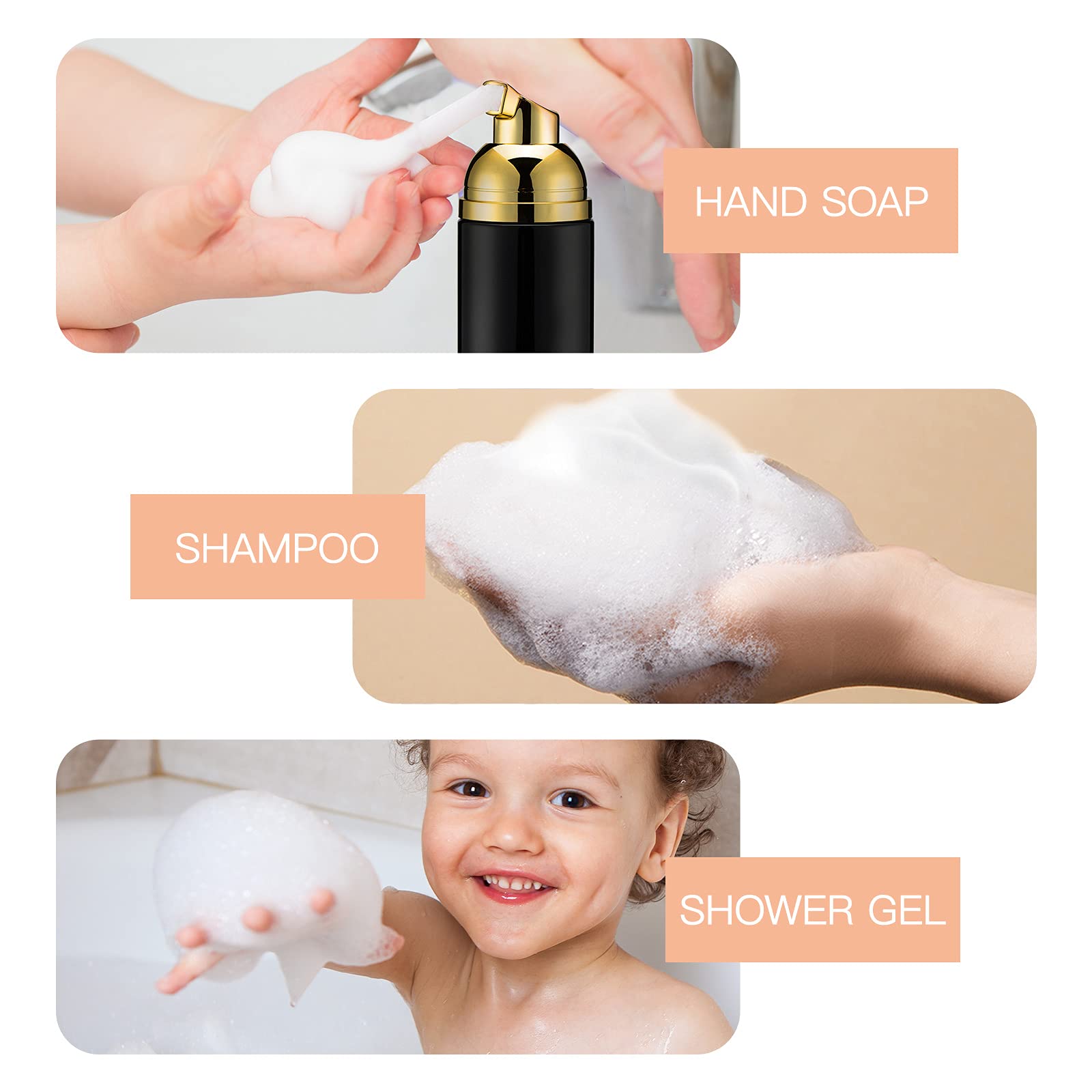 Owlyee Travel Foam Pump Bottle - 2oz Small Size Foaming Hand Soap Dispenser - Mini Portable Mousse Lash Shampoo Kit Container for Hair - Empty Leak Proof Plastic Gold&Black Foamer 30Pack