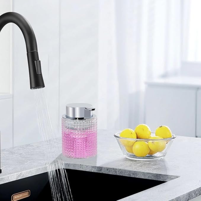 Fvstar Foaming Hand Soap Dispenser, 10 oz Refillable Clear Glass Foam Soap Dispenser with Large Pump Bottle Container for Kitchen and Bathroom,1 pc