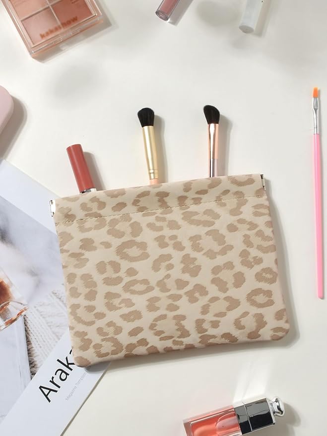 Ksriylm Leopard Leather Small Makeup Pouch for Women,Cosmetic Accessories,Waterproof and Portable Cosmetic Bag,Self-closing, No Zipper, Aesthetic Storage Pouch,Lipstick for Purse,Oyster Grey Brown