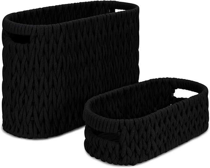 Boho Toilet Paper Storage Baskets, Cotton Rope Woven Bathroom Basket Set of 2, Standing Toilet Paper Holder for 6 Mega Rolls,Storage Bins for Toilet Tank Top, Bathroom Organizer Decor (Black 2 Pack)