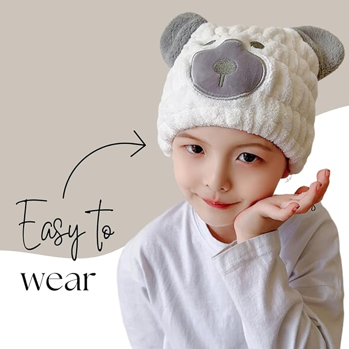 LCBD Microfiber Hair Towel Wrap for Kids, White Bear Dry Hair Cap Suck Water, Absorbent Quick Girls Boys Hair Drying Towel, Lightweight Bouncy Hat Headscarf for Wet Hair