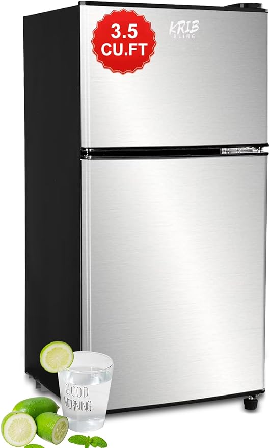 KRIB BLING Mini Fridge, 3.5 Cu.Ft Compact Refrigerator Small Refrigerator 7 Level Adjustable Thermostat Removable Shelves with Stainless Steel 2 door for Office Dorm Apartment Silver