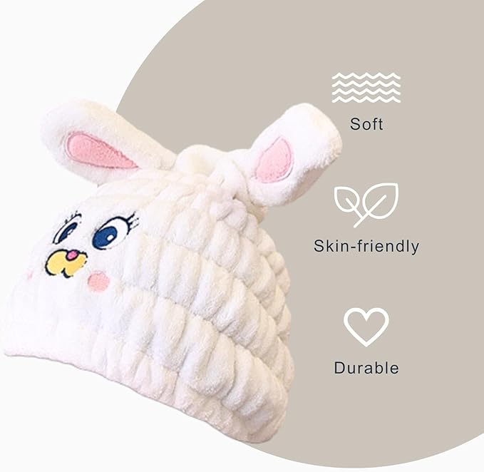 LCBD Microfiber Hair Towel Wrap for Kids, White Rabbit Dry Hair Cap Suck Water, Absorbent Quick Girls Boys Hair Drying Towel, Lightweight Bouncy Hat Headscarf for Wet Hair