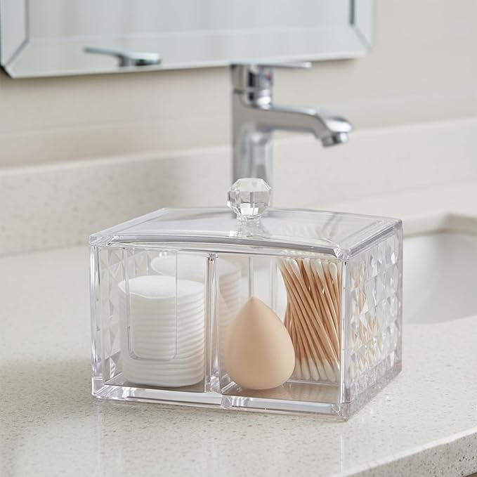 OYATON Cotton Swab Holder - Compact Bathroom Canister with Lid and 3 Compartments for Organizing Cotton Ball, Swab, Pad - Acrylic Bathroom Storage Jar Compatible with Q Tips