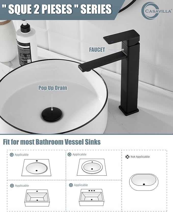 Bathroom Faucets, Matte Black Bathroom Faucet with Pop-up Drain and 2 Supply Hoses, Single Hole High Barrel Vanity Faucet for Vessel Sink, Single Handle Stainless Steel RV Faucet