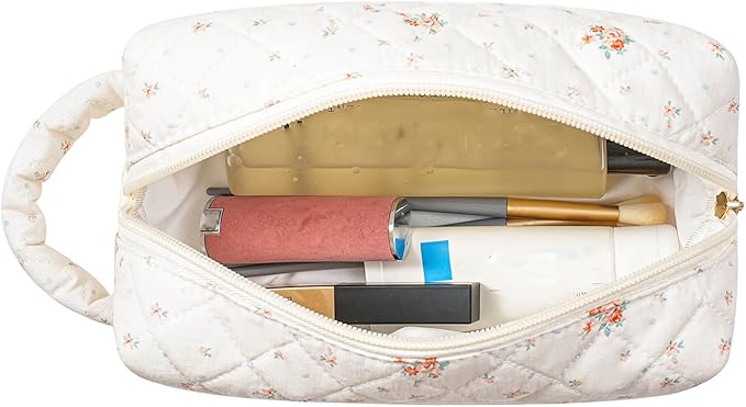 HHQQWZ Makeup Bag Travel Cosmetic Bag for Women, Zipper Make Up Pouch, Floral Flowers Toiletry Organizer Makeup with Handle, Cosmetic Travel Cloth Bag (Beige Floral)