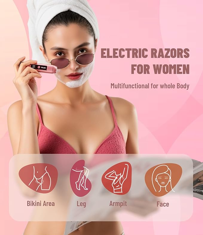 Electric Bikini Trimmer for Women: IPX7 Waterproof Dual Head Cordless Electric Shaver for Women with LED Display & 0.5mm Ceramic Blades for Pubic Hair, Face, Legs - Rose Pink