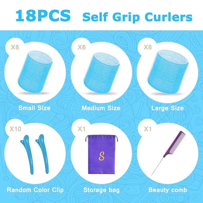 Self grip hair roller set,Hair roller set 18 pcs,Hair rollers with hair roller clips and comb,Salon hairdressing curlers,DIY Hair Styles, Sungenol 3 Sizes blue Hair Rollers in 1 set