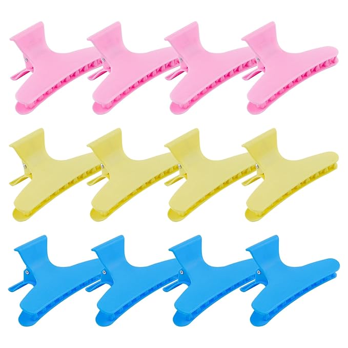 BAHABY Hair Clips for Styling Sectioning 12 Pack Pink Yellow Blue Butterfly Clamps Hair Claw Clips Pro Salon Hair Clips for Styling, Sectioning, Cutting and Coloring