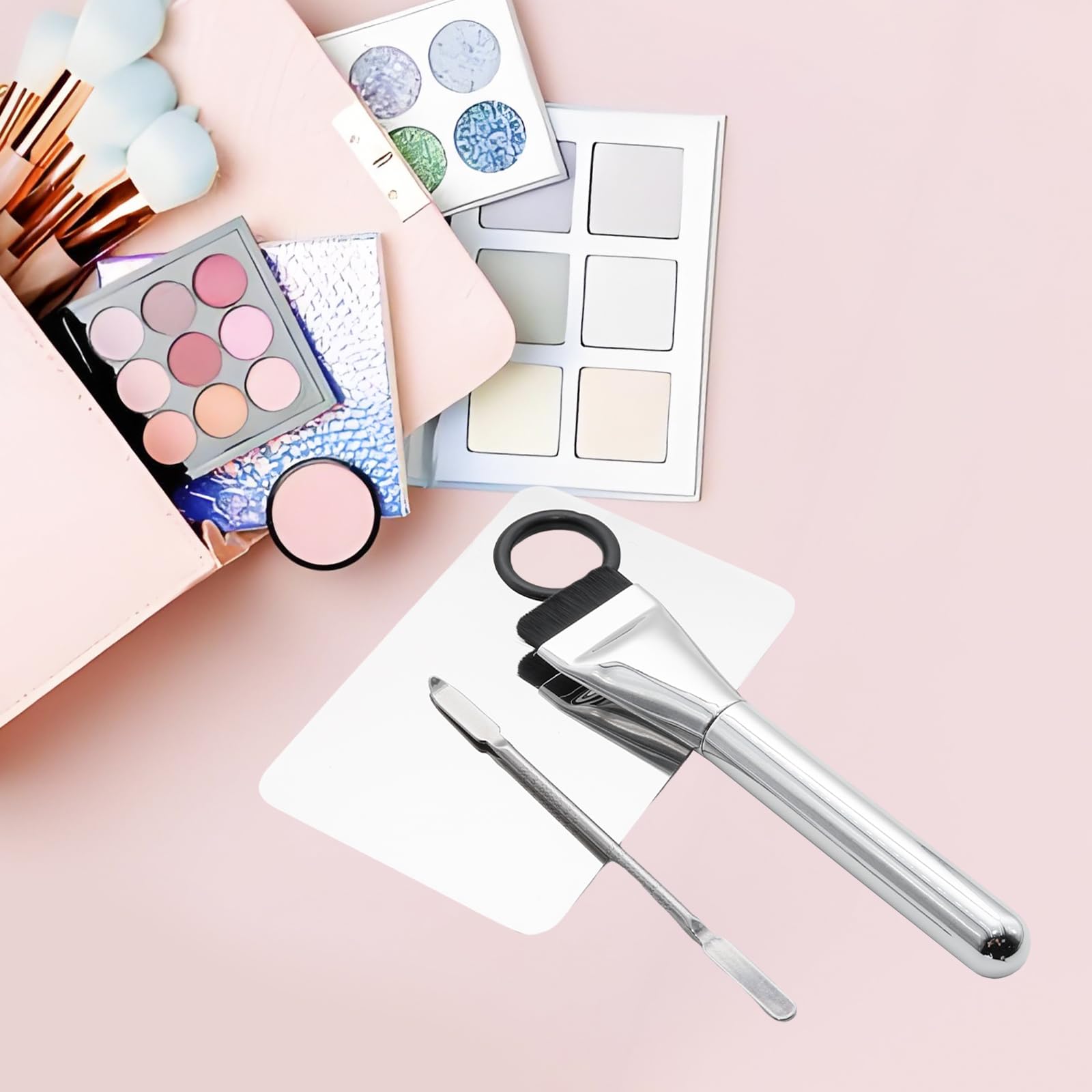 YUYUDEHM Makeup Accessories Set, Makeup Mixing Palette, Foundation Brush, Spatula Tool (Silver)