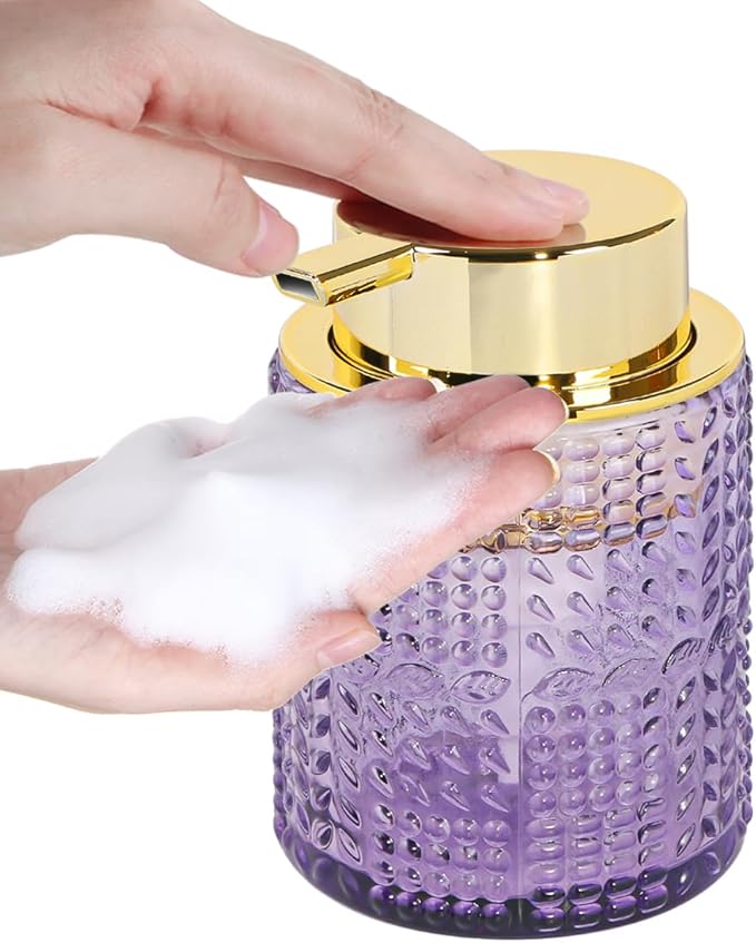 Fvstar Foaming Soap Dispenser, Purple Glass Foam Soap Dispenser with Gold Pump, Refillable 10oz Lotion Liquid Container Pump Bottle for Bathroom Kitchen Countertop