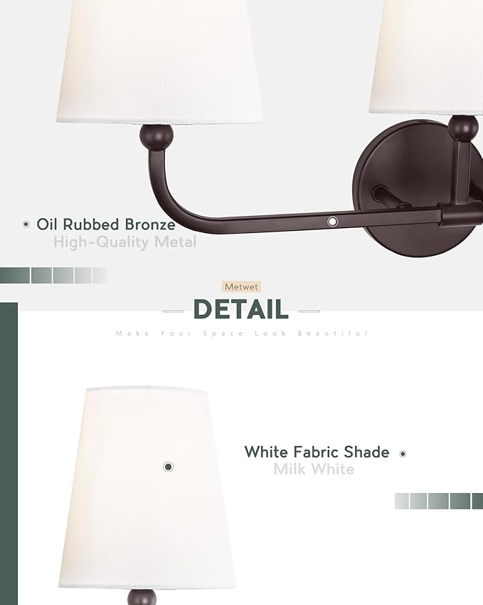 Bathroom Light Fixtures, 3-Light Oil Rubbed Bronze Vanity Lights with Flared White Fabric Shade, Vintage Sconces Wall Lighting for Hallway Bedroom, VL837-ORB-3