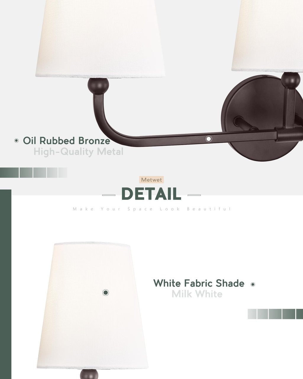 METWET 3-Light Oil Rubbed Bronze Bathroom Vanity Light, White Fabric