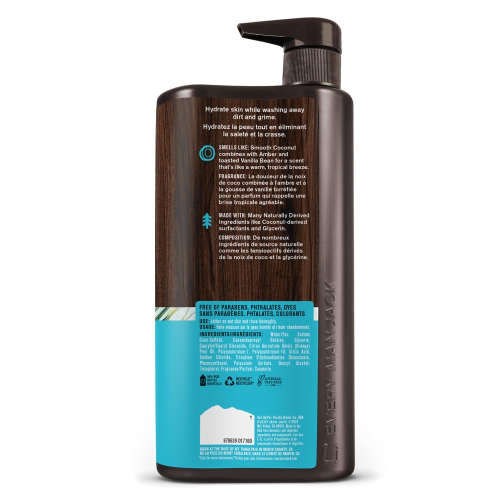 Every Man Jack Coconut + Driftwood Mens Body Wash for All Skin Types - Cleanse, Hydrate, and Smell Great - Free of Parabens, Phtalates, and Dyes - 33.8 fl oz - 2 Pack