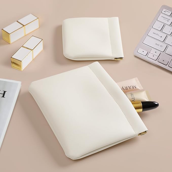 MEIBOOCH 2 Pack Small Makeup Bag for Women, New Organosilicon Super Fiber PU Leather Mini Cosmetic Bag for Travel, Coin Purse Organizer Storage Pouch (Cream)