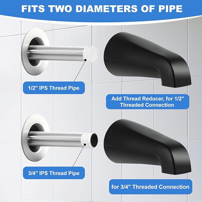 Universal Bath Tub Spout with Adapter, Bathtub Faucet Spout Without Diverter, 5" Length Bathtub Spout for 1/2'', 3/4'' IPS Inside Thread Connection and Tub/Shower Faucet (Matte Black)
