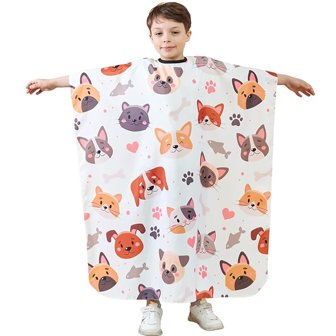Barber Cape for Kids, Professional Hair Salon Cape with Adjustable Neck Strap, Shampoo Hair Cutting Cape for Salon and Home - 51 x 36 inches (Cartoon Dog & Cat Pattern)