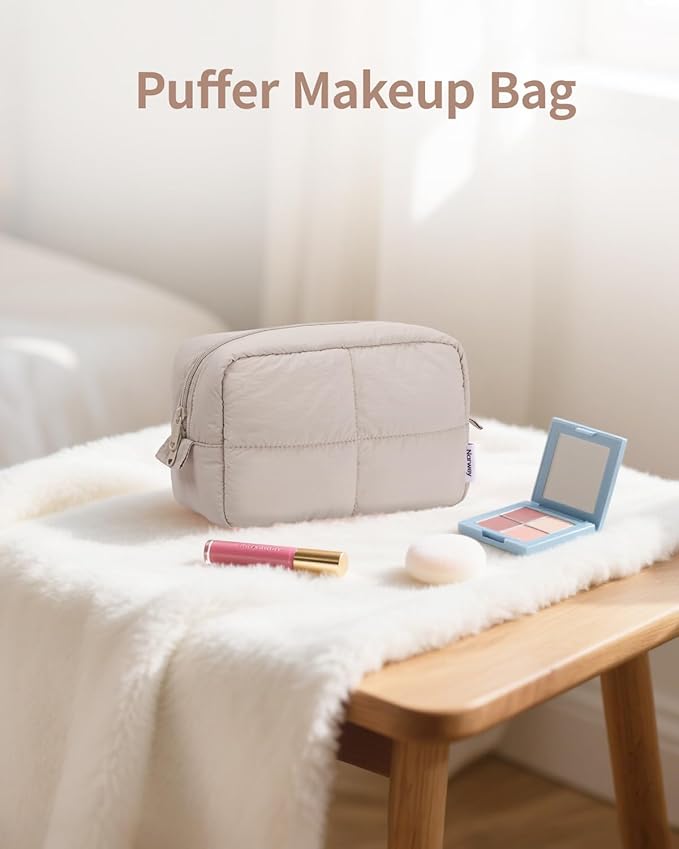 Narwey Travel Makeup Bag for Women Girl, Puffy Make up Organizer Cosmetic Bag, Cute Small Travel Toiletry Bag for Toiletries (Khaki)