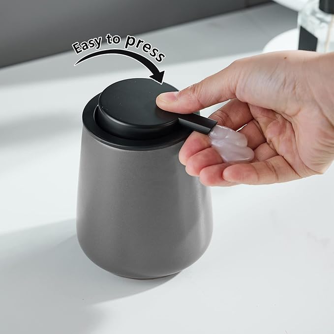 12Oz Hand Soap Dispenser Set - 2 Pack Ceramic Lotion Soap Dispenser Set with Easy-to-Press Black Pump, Refillable Mordern Liquid Dish Soap Dispensers for Bathroom & Kitchen (Grey, Liquid Pump)