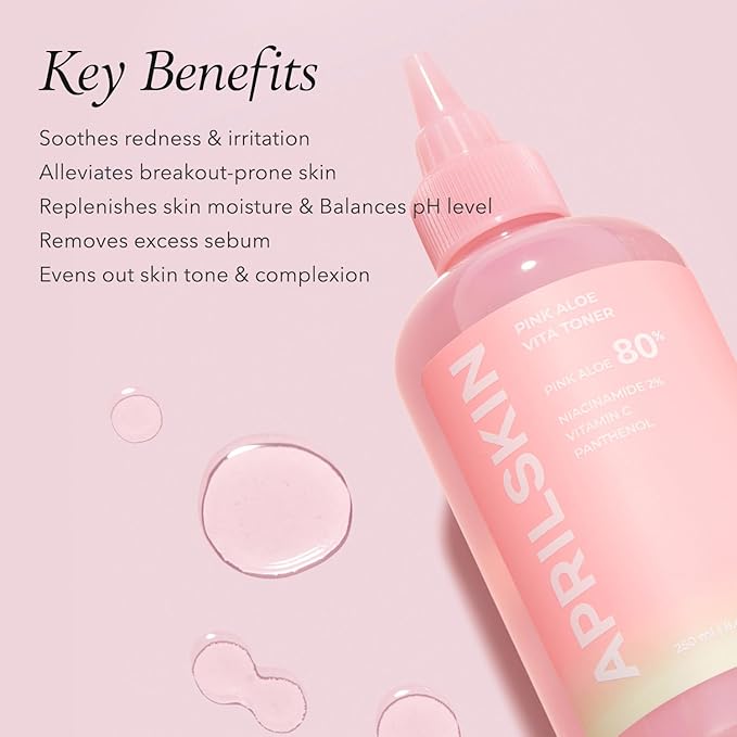 APRILSKIN Pink Aloe Vita Toner | Calms and Soothes Redness, Smoothens, and Controls Excess Sebum | 80% Pink Aloe Vera Water | Hydrating, Non-Sticky | Clean & Vegan Korean Skin care (8.45 fl.oz)
