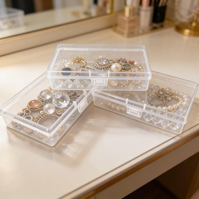 12 Pack Rectangular Clear Plastic Storage Containers Box with Hinged Lid for Beads and Other Small Craft Items (5.3 x 3.1 x 1.18 inch)